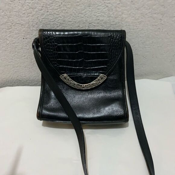 Vintage BRIGHTON  Black Croc Embossed Leather Bucket Flap Crossbody Bag - Picture 6 of 16